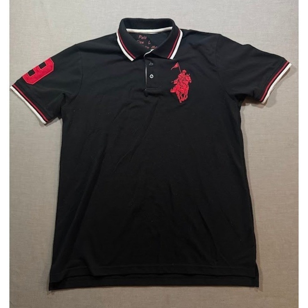 Franky Max Black Polo Shirt‎ Big Red Pony Logo Size L Button Short Sleeve
